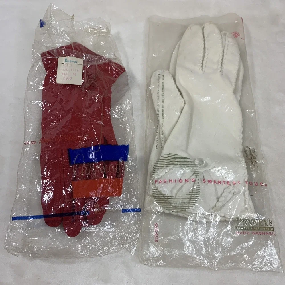 Lot of 2 Vintage Ladies White & Red‎ Driving Gloves JC Penney's Gaymode Nylon
